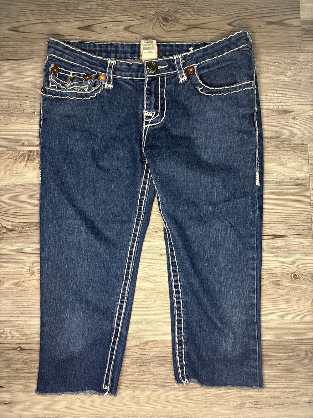 True Religion Dark Blue Denim Capri Pants with White Contrast Stitching
